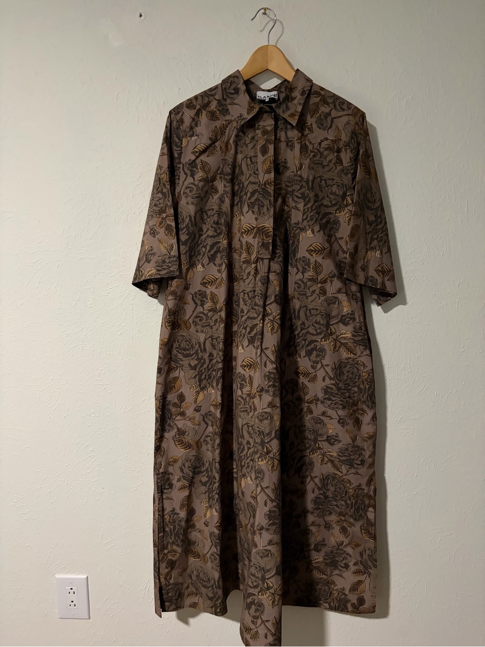 GANNI Floral -Print Midi Poplin Shirt Dress EU 44 US Size 14